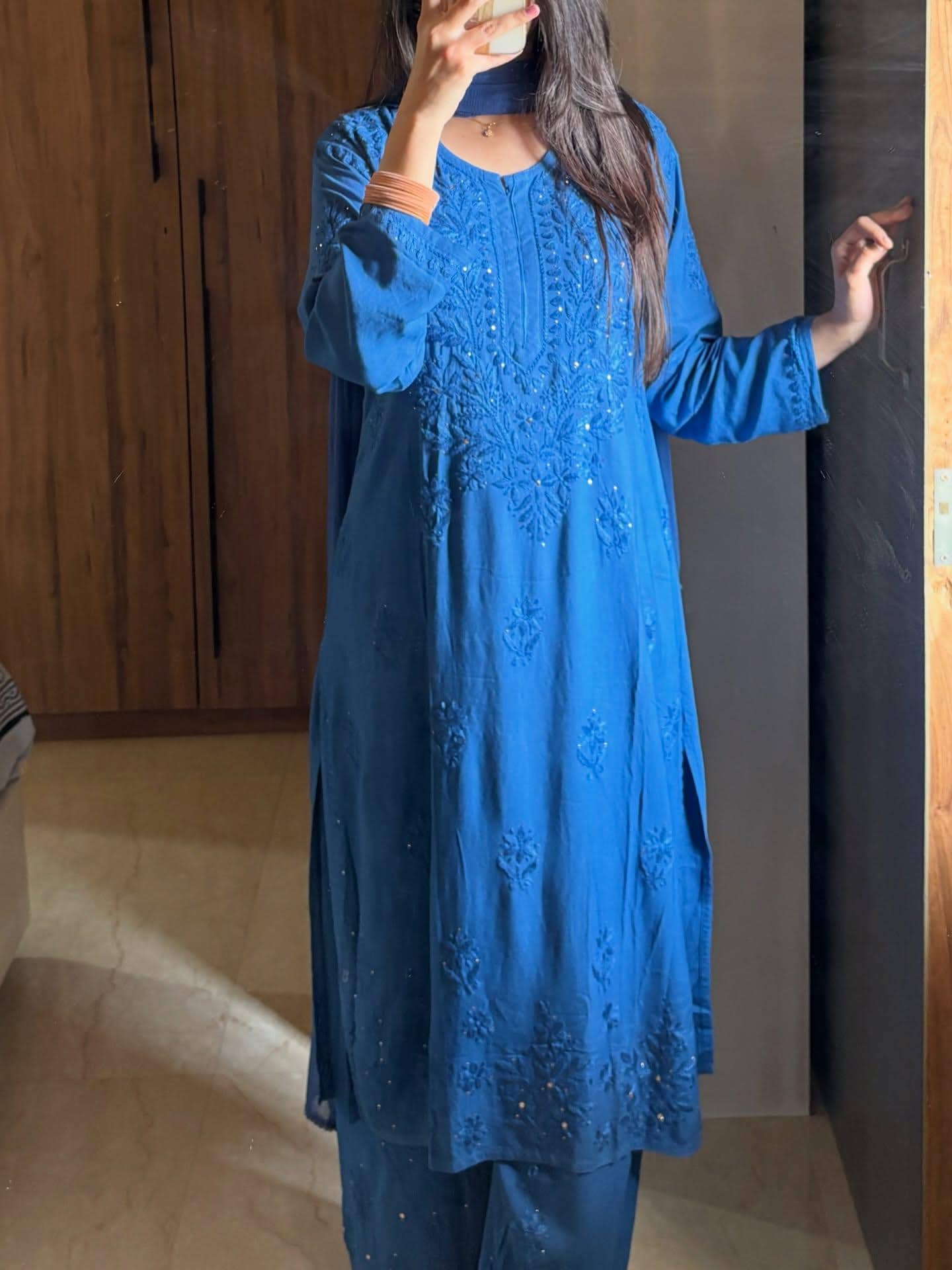 Chikankari 3 Piece Suit Set: Hand Embroidered Rayon Cotton Kurta, Palazzo with Chiffon Dupatta