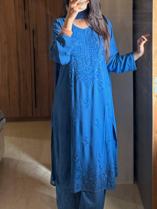 Chikankari 3 Piece Suit Set: Hand Embroidered Rayon Cotton Kurta, Palazzo with Chiffon Dupatta
