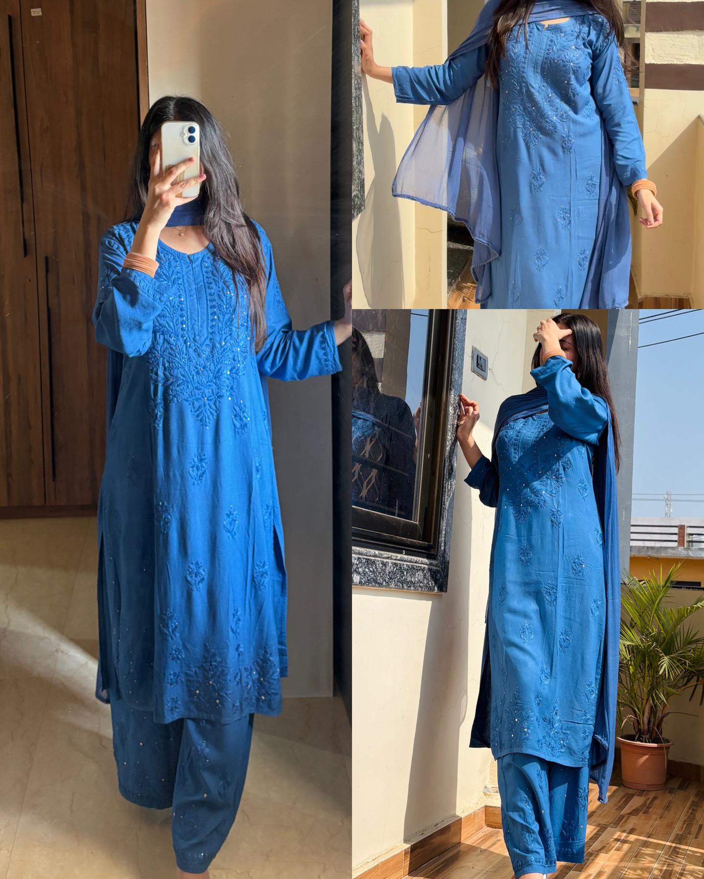 Chikankari 3 Piece Suit Set: Hand Embroidered Rayon Cotton Kurta, Palazzo with Chiffon Dupatta