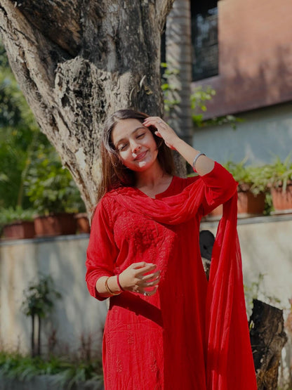 Authentic Handmade Lucknowi Chikankari 3 Piece Set Salwar Kameez Indian Traditional Dress Rayon Cotton Soft Kurti Palazzo Dupatta Suit Set