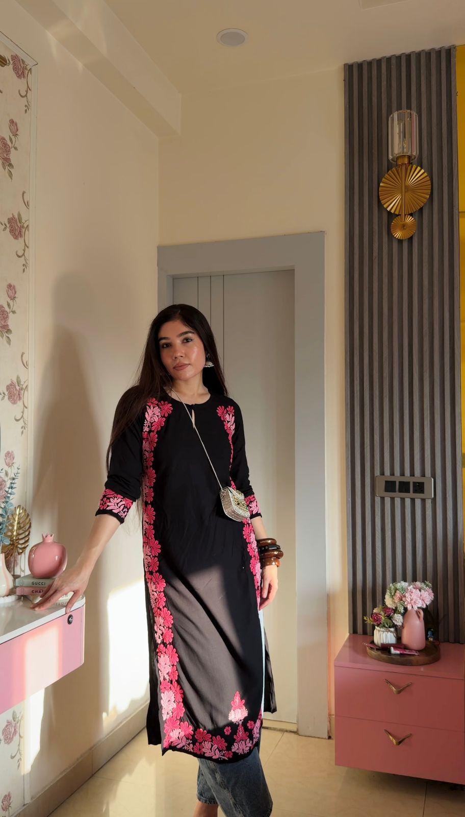 Handmade Lucknow Chikankari Kurti Indian Salwar Suit Top Traditional Embroidery  Premium Luxe Rayon 46 Inch Size 38-46