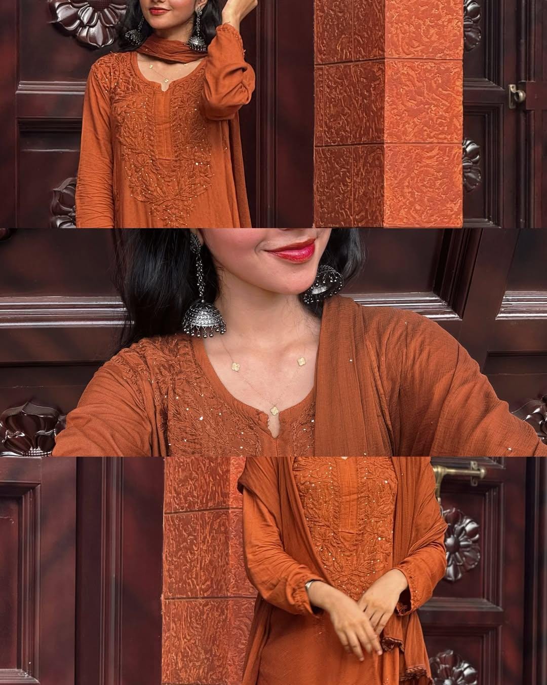 Authentic Handmade Lucknow Chikankari Set Intricate Embroidery Soft Breathable Cotton Kurti Palazzo Dupatta Traditional Indian Salwar Suit