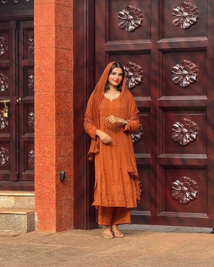 Authentic Handmade Lucknow Chikankari Set Intricate Embroidery Soft Breathable Cotton Kurti Palazzo Dupatta Traditional Indian Salwar Suit