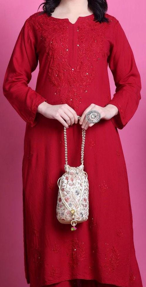 Authentic Handmade Lucknow Red Mukaish Chikankari Salwar Suit Traditional Festive Wear 2 Piece Set Kurti Palazzo Plus Size Ethnic Outfit