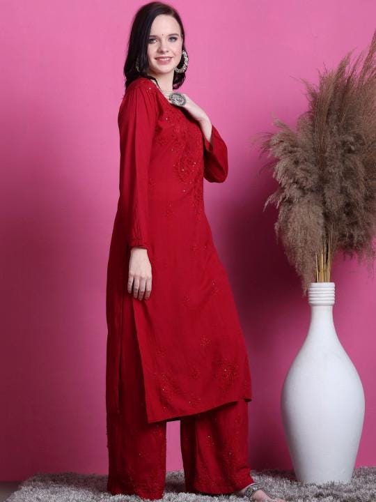Authentic Handmade Lucknow Red Mukaish Chikankari Salwar Suit Traditional Festive Wear 2 Piece Set Kurti Palazzo Plus Size Ethnic Outfit