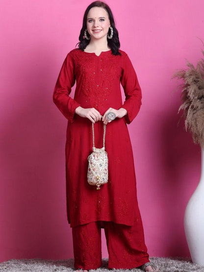 Authentic Handmade Lucknow Red Mukaish Chikankari Salwar Suit Traditional Festive Wear 2 Piece Set Kurti Palazzo Plus Size Ethnic Outfit