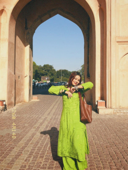 Authentic Handmade Lucknowi Chikankari Set Henna Green Rayon Cotton Soft Breathable Kurta Palazzo Dupatta Traditional Festive Salwar Suit