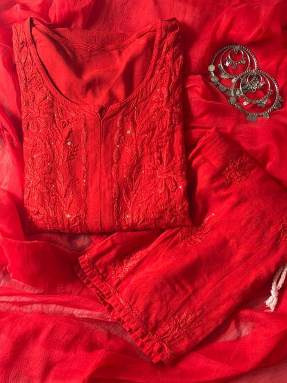 Lucknowi Chikankari Set Hand Embroidery 3 Piece Suit Set Traditional Dress Modern Indian Outfit Designer Kurta Pants Special Occasion Gift