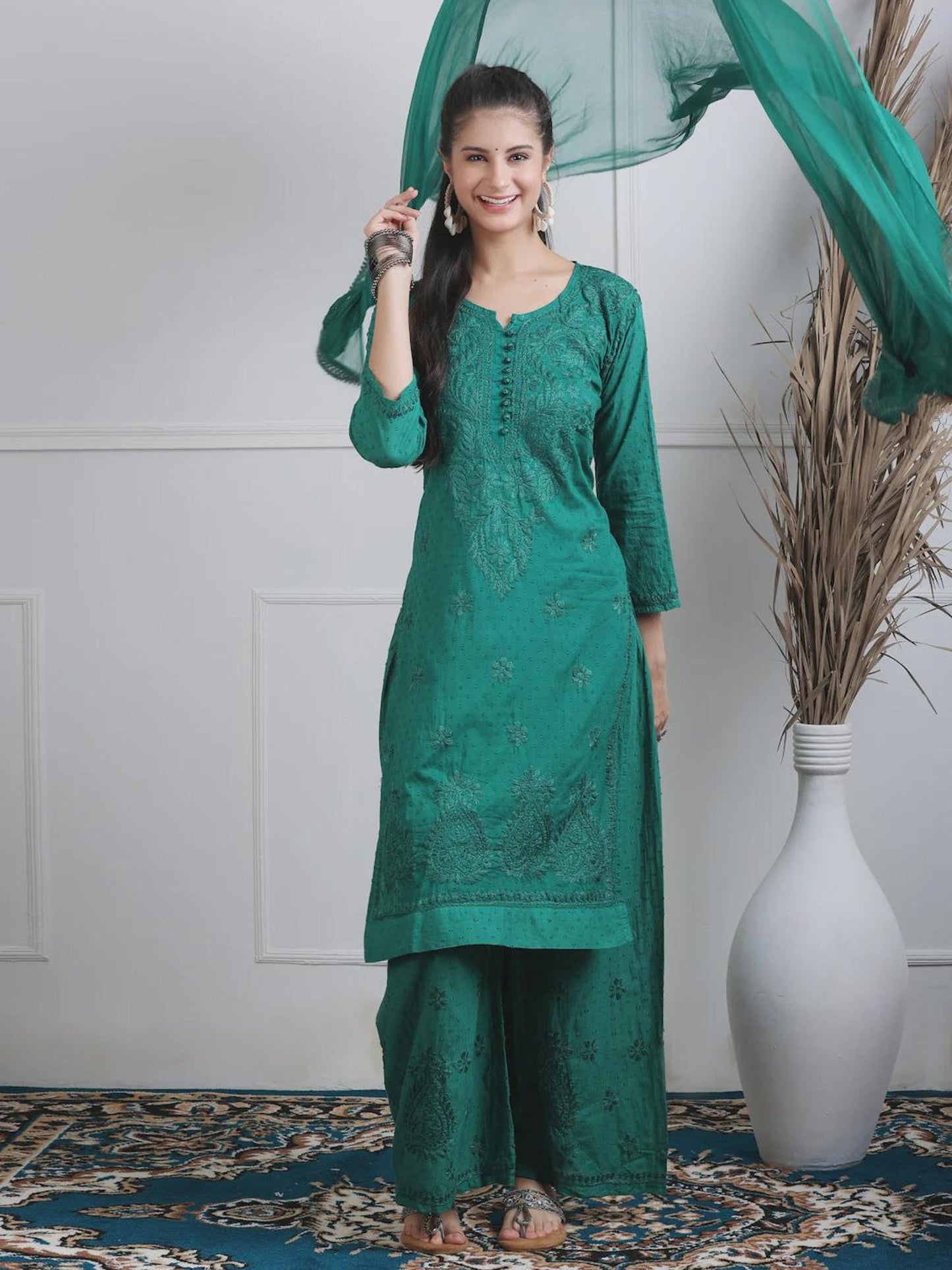 Lucknowi Chikan Set Dobby Cotton Kurta Kurti Pant Set, Summer Cotton Kurti Indian Salwar Suit, Festive Party Suit, Plus Size Ethnic Gift