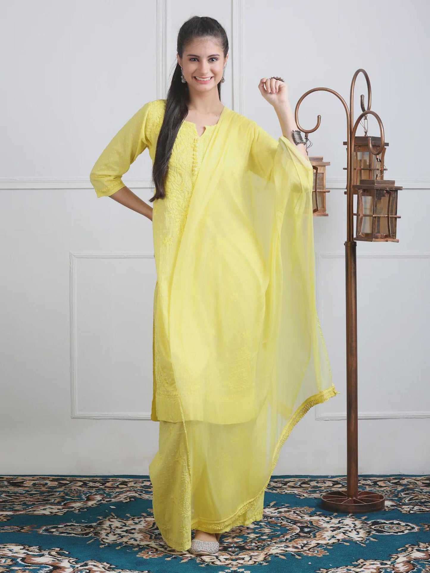Lucknowi Chikan Set Dobby Cotton Kurta Kurti Pant Set, Summer Cotton Kurti Indian Salwar Suit, Festive Party Suit, Plus Size Ethnic Gift