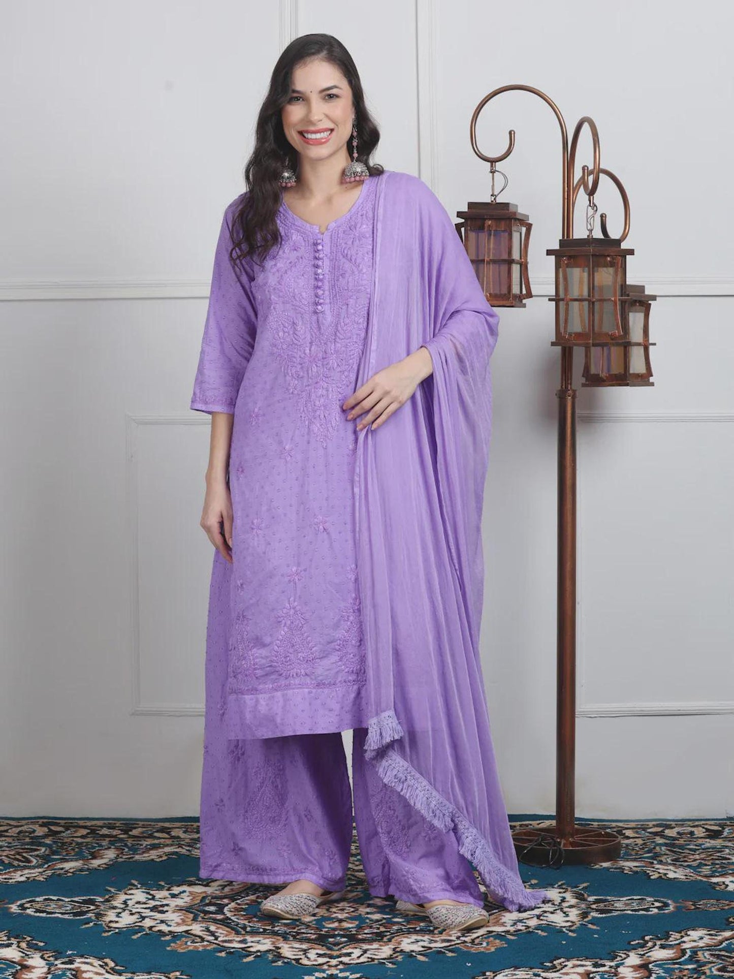 Lucknowi Chikan Set Dobby Cotton Kurta Kurti Pant Set, Summer Cotton Kurti Indian Salwar Suit, Festive Party Suit, Plus Size Ethnic Gift