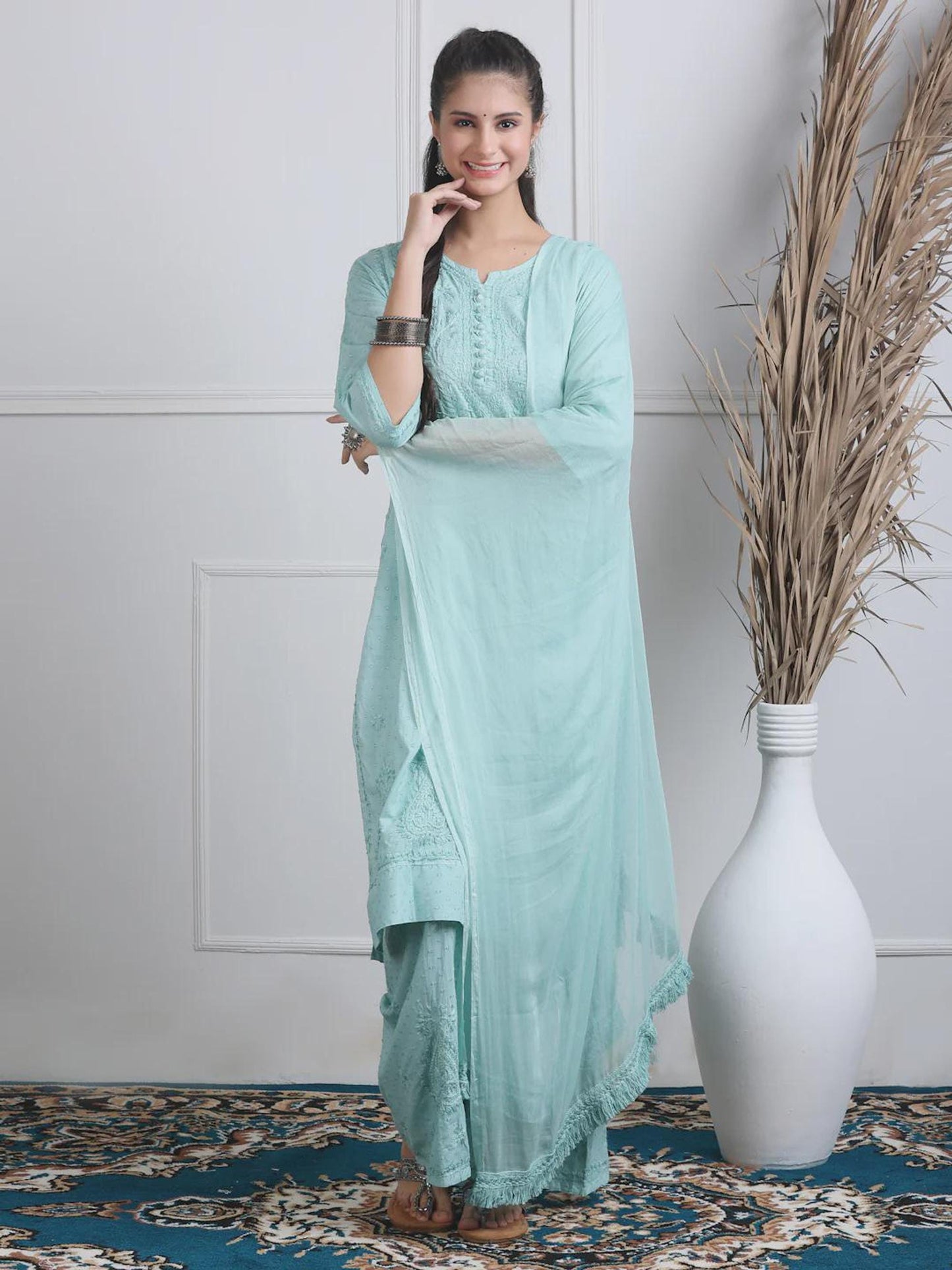 Lucknowi Chikan Set Dobby Cotton Kurta Kurti Pant Set, Summer Cotton Kurti Indian Salwar Suit, Festive Party Suit, Plus Size Ethnic Gift
