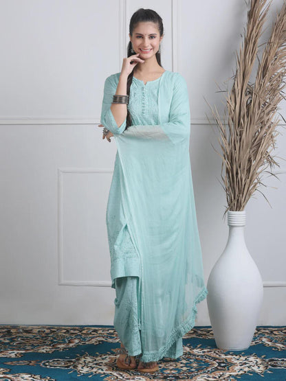 Lucknowi Chikan Set Dobby Cotton Kurta Kurti Pant Set, Summer Cotton Kurti Indian Salwar Suit, Festive Party Suit, Plus Size Ethnic Gift