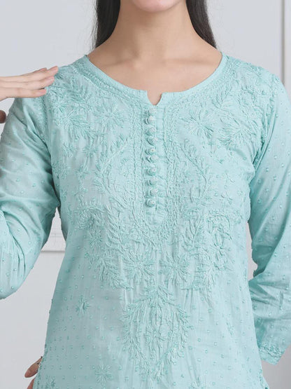 Lucknowi Chikan Set Dobby Cotton Kurta Kurti Pant Set, Summer Cotton Kurti Indian Salwar Suit, Festive Party Suit, Plus Size Ethnic Gift