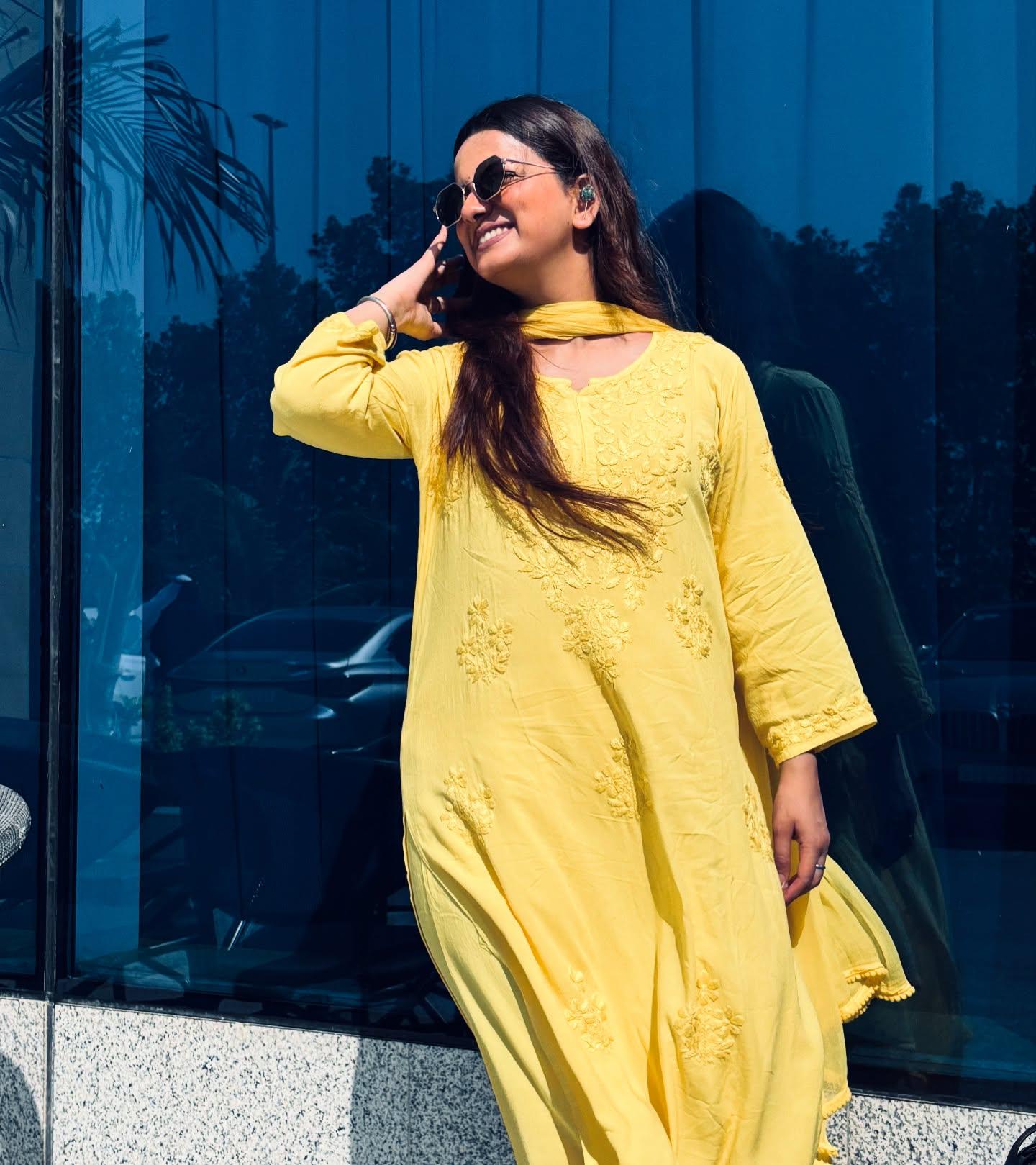 Authentic Handmade Lucknowi Chikankari 3 Piece Set Yellow Rayon Kurti Palazzo Chiffon Dupatta Intricate Embroidery Indian Salwar Suit Women
