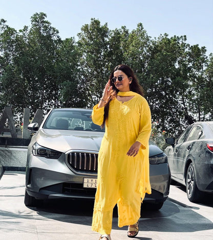 Authentic Handmade Lucknowi Chikankari 3 Piece Set Yellow Rayon Kurti Palazzo Chiffon Dupatta Intricate Embroidery Indian Salwar Suit Women