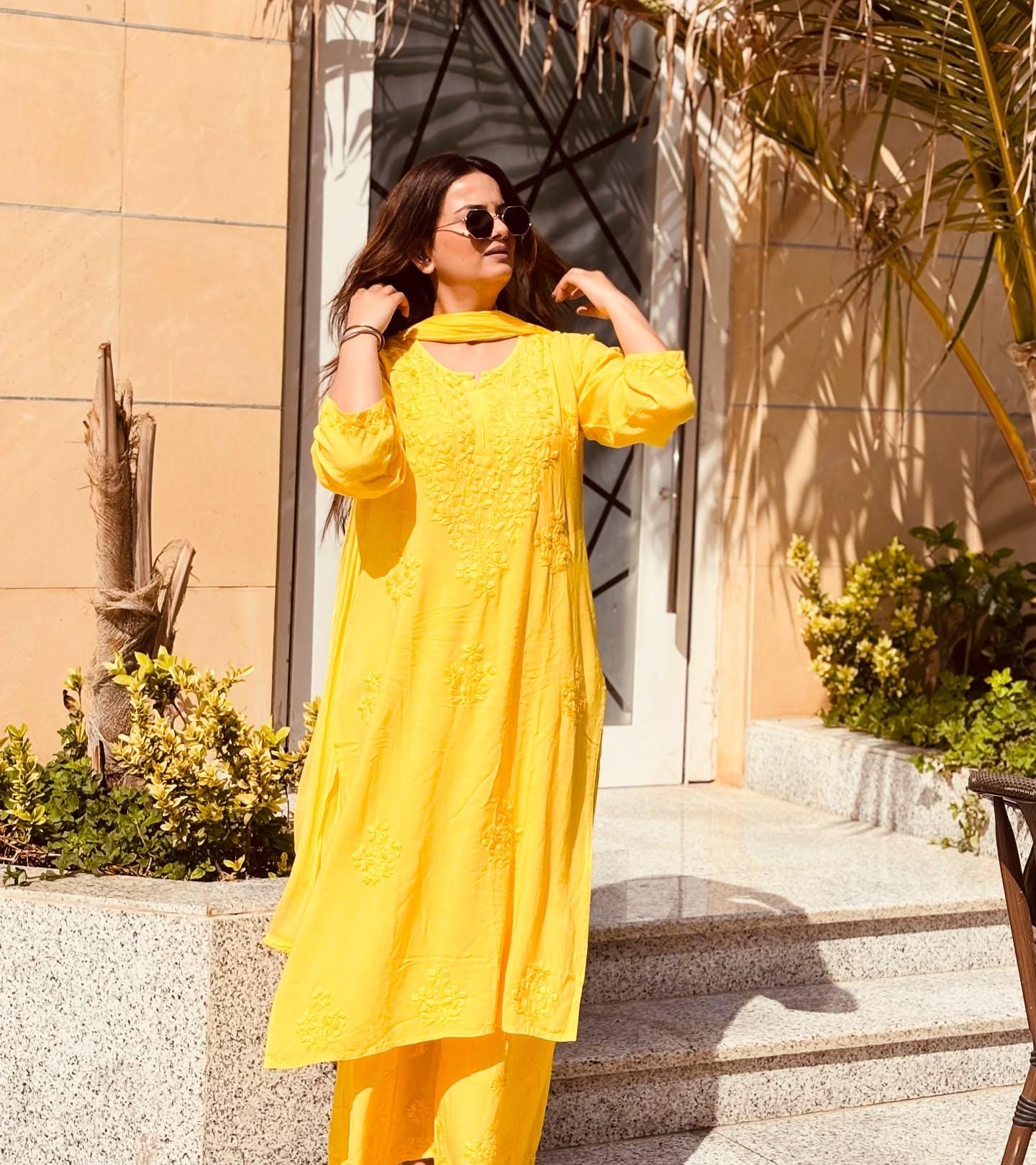 Authentic Handmade Lucknowi Chikankari 3 Piece Set Yellow Rayon Kurti Palazzo Chiffon Dupatta Intricate Embroidery Indian Salwar Suit Women