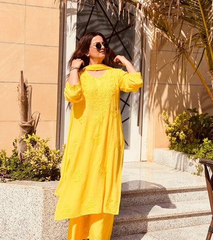 Authentic Handmade Lucknowi Chikankari 3 Piece Set Yellow Rayon Kurti Palazzo Chiffon Dupatta Intricate Embroidery Indian Salwar Suit Women