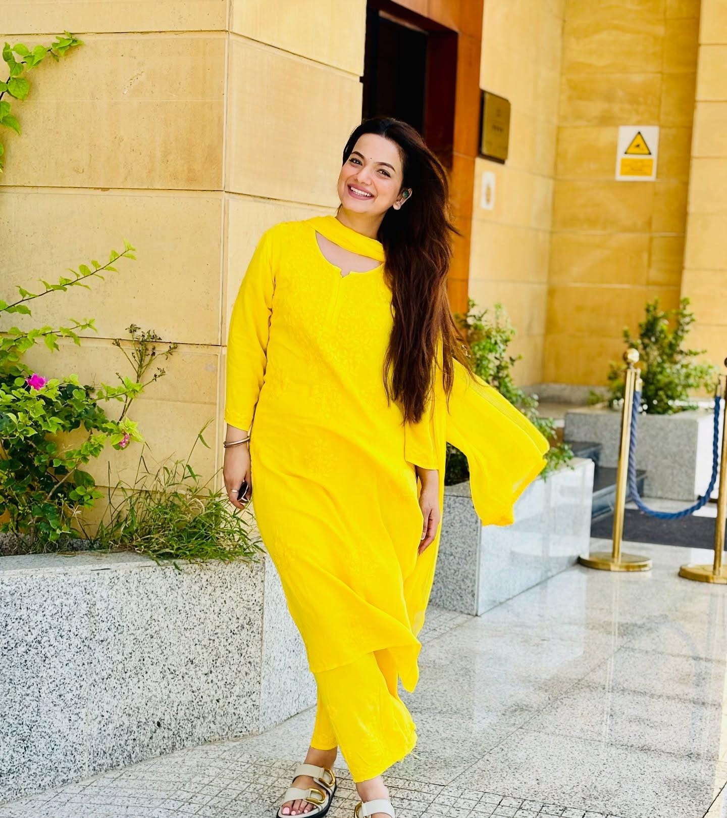 Authentic Handmade Lucknowi Chikankari 3 Piece Set Yellow Rayon Kurti Palazzo Chiffon Dupatta Intricate Embroidery Indian Salwar Suit Women