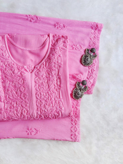 Handmade Lucknowi Chikankari Set Pink Rayon Kurti Palazzo Shadow Work Embroidery Traditional Indian Salwar Kameez Pakistani Suit Eid