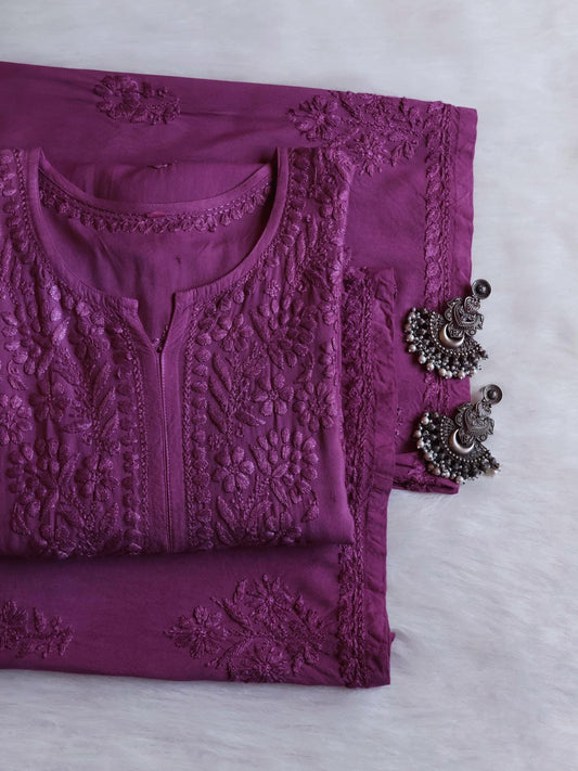 Handmade Lucknowi Chikankari Set Pink Rayon Kurti Palazzo Shadow Work Embroidery Traditional Indian Salwar Kameez Pakistani Suit Eid
