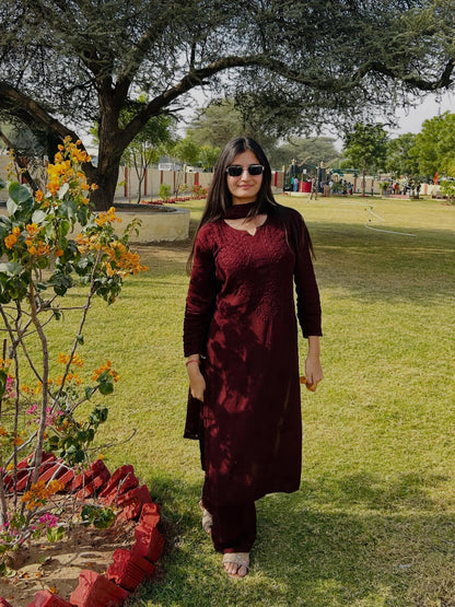 Chikankari 3 Piece Suit Set: Hand Embroidered Rayon Cotton Kurta, Palazzo with Chiffon Dupatta