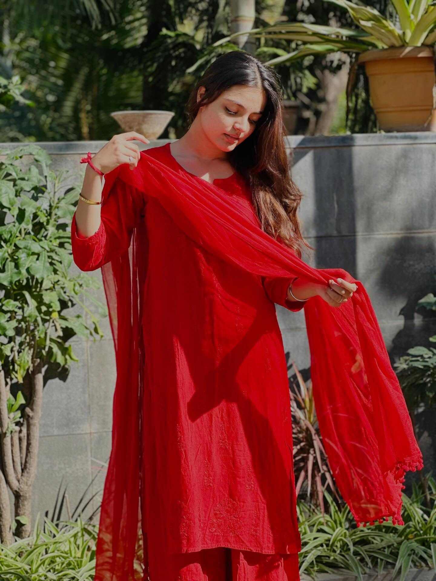 Authentic Handmade Lucknowi Chikankari 3 Piece Set Salwar Kameez Indian Traditional Dress Rayon Cotton Soft Kurti Palazzo Dupatta Suit Set
