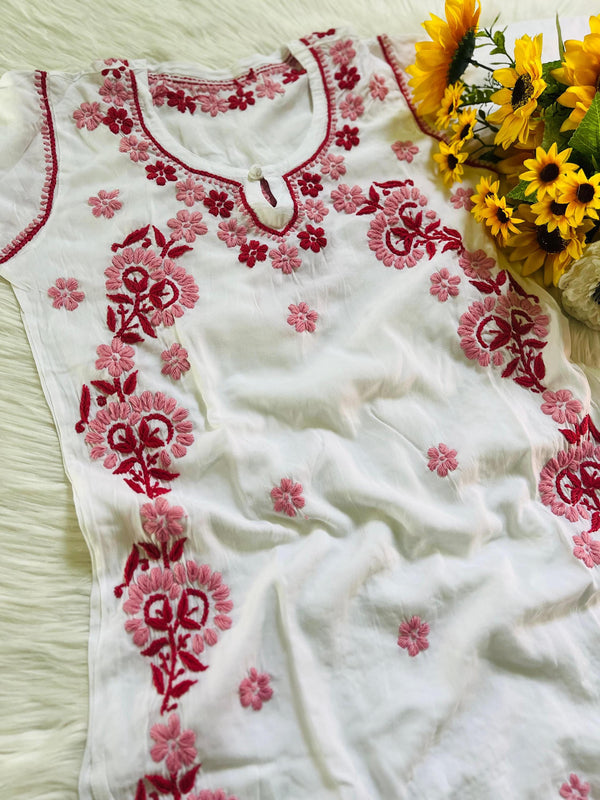 Chikankari Kurti Lucknowi Threadwork Rayon, Summer Ethnic Wear, Traditional Kurta, Handmade Embroidery, Festive Party Wear Gift For Her