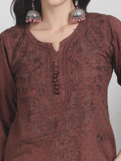 Lucknowi Chikan Set Dobby Cotton Kurta Kurti Pant Set, Summer Cotton Kurti Indian Salwar Suit, Festive Party Suit, Plus Size Ethnic Gift